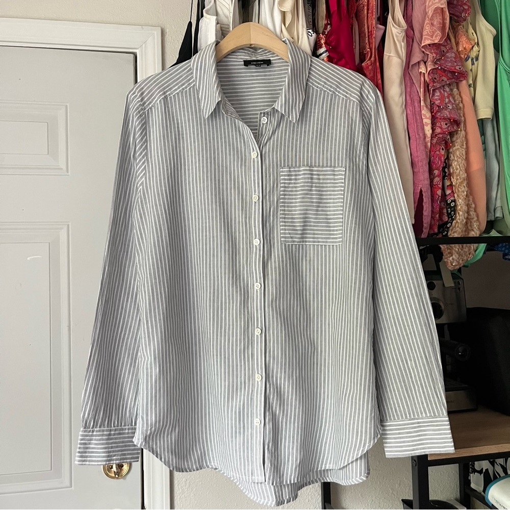 ME + EM grey white striped cotton oversized long sleeve button up shirt